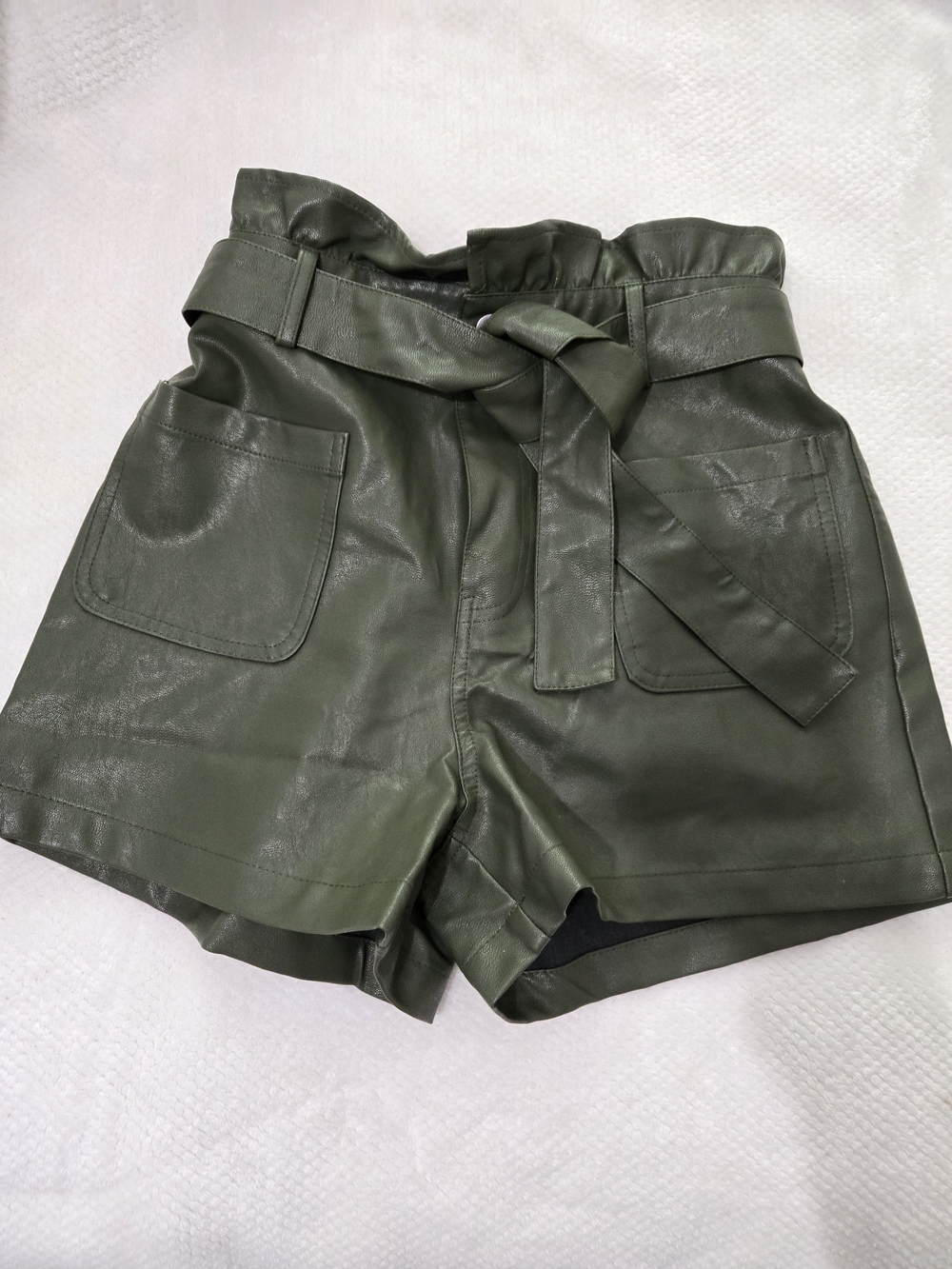 High-Waist Olive Green Paperbag Belted Women’s Shorts